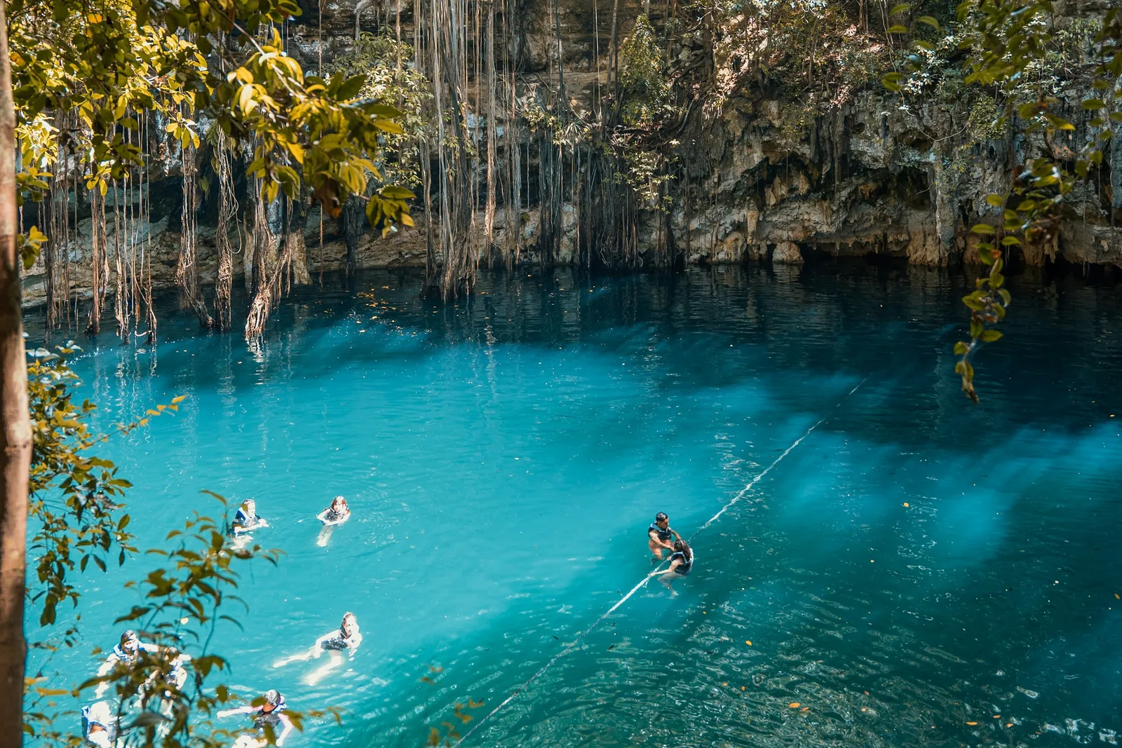 Swimmers float in the turquoise water of a round cenote, with vines hanging from the rim above.