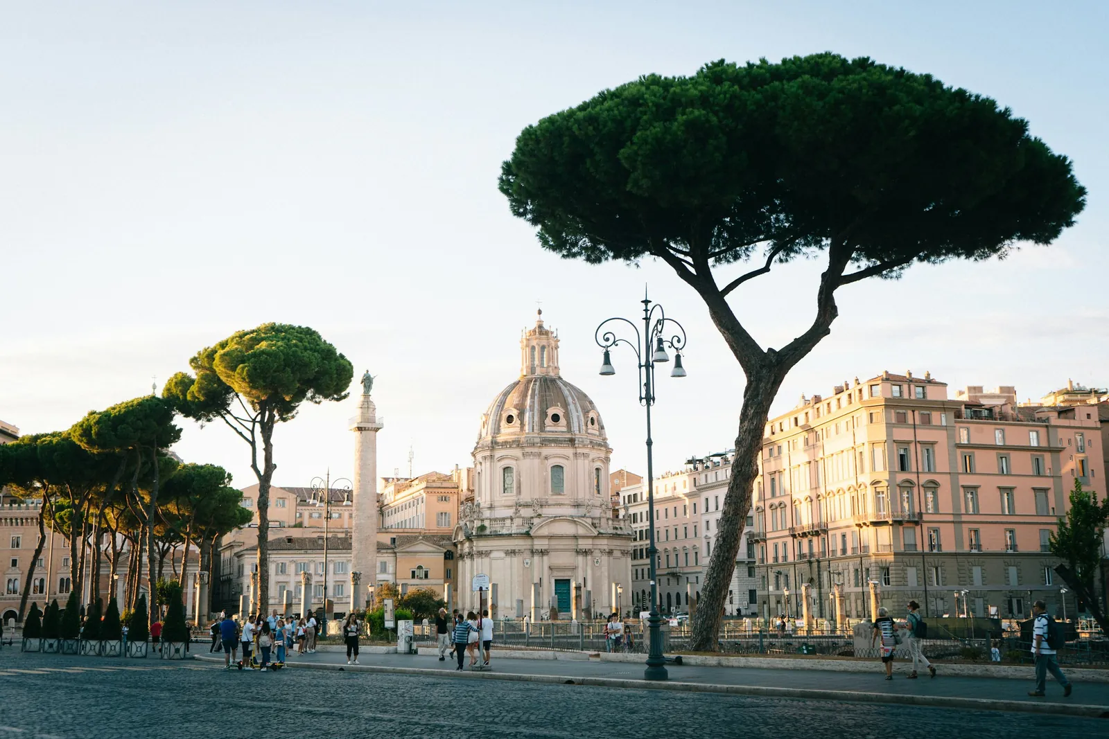 Umbrella pines and a domed church in the bright afternoon sun near Trajan's Forum in Rome.
