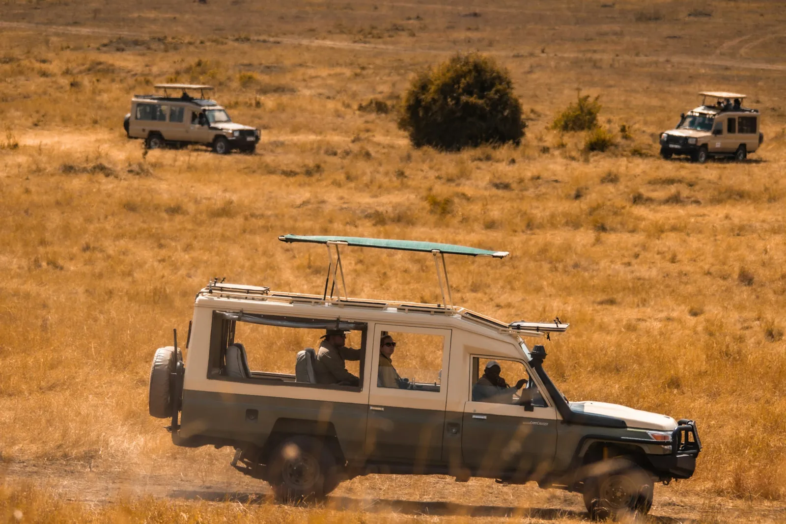An open-roof safari vehicle crosses golden, dry grassland, with two more vehicles in the distance.