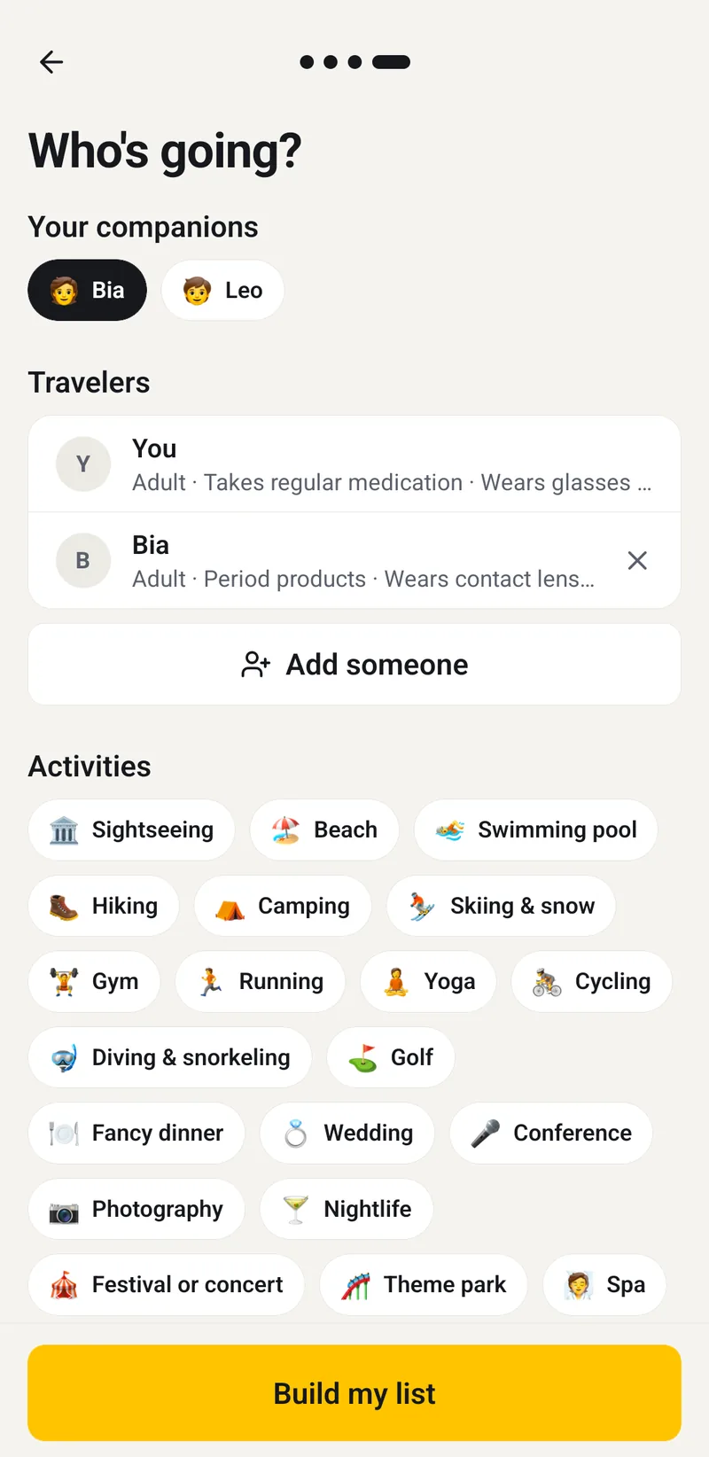 Choosing who's going: saved companions Bia and Leo as one-tap chips, and Bia on the trip with her own needs.