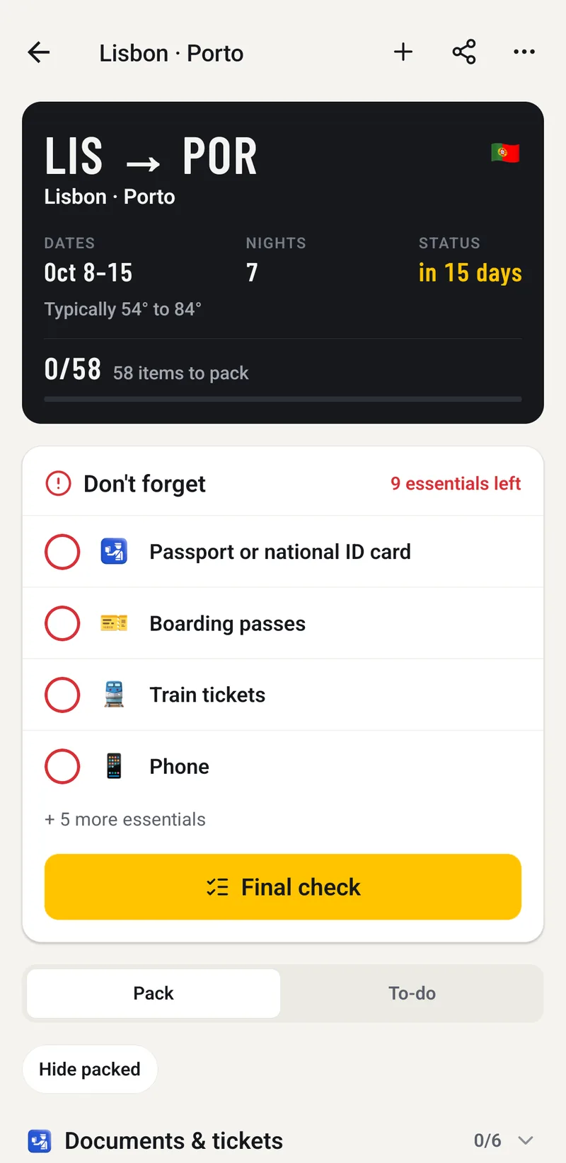 A Lisbon to Porto trip: the board reads LIS to POR, and Don't forget lists a passport or ID card, boarding passes, train tickets and a phone.