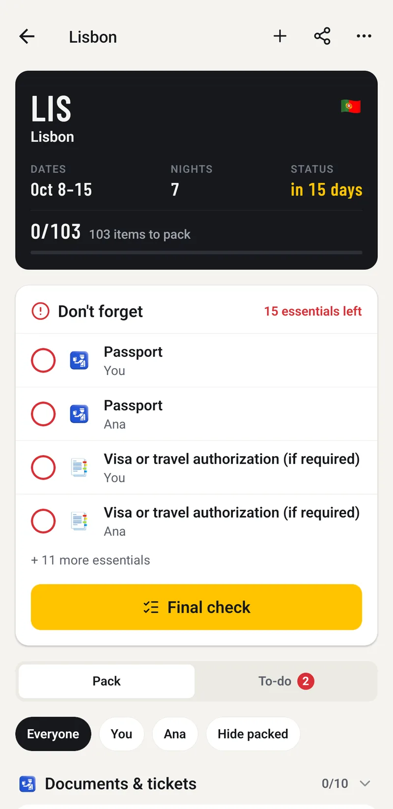 The Wayboard trip screen for Lisbon: a departure-board header with dates, nights and 'in 15 days', and a Don't forget card listing passports and visas for two travelers, above a yellow Final check button.